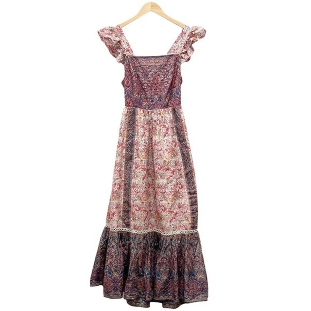 NEW Haute Hippie Tiered Maxi Dress Red Blue Floral Size 10 Prairie Boho Cowgirl